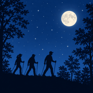 three people hiking at night in the woods, full moon overhead